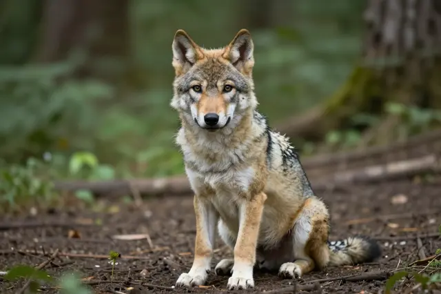 A young wolf sits upright on the forest floor looking directly at the camera