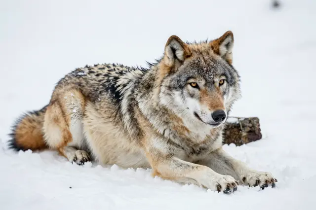 A gray and brown wolf lies stretched out on snowy ground with frost resting on its thick fur
