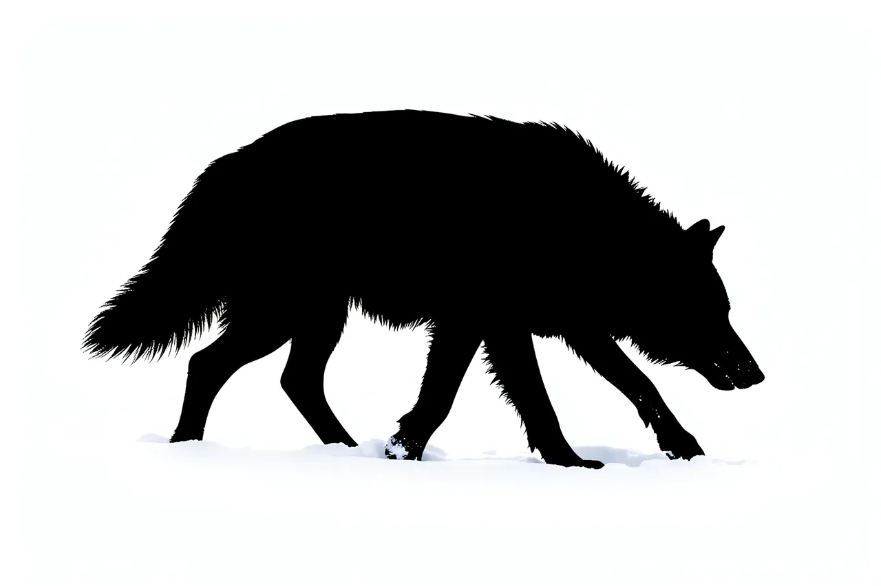 Solid black wolf silhouette trotting through snow with its head low on a plain white background