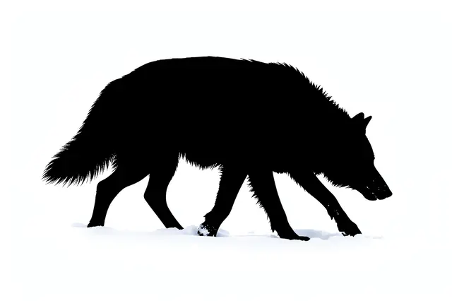 Solid black wolf silhouette trotting through snow with its head low on a plain white background