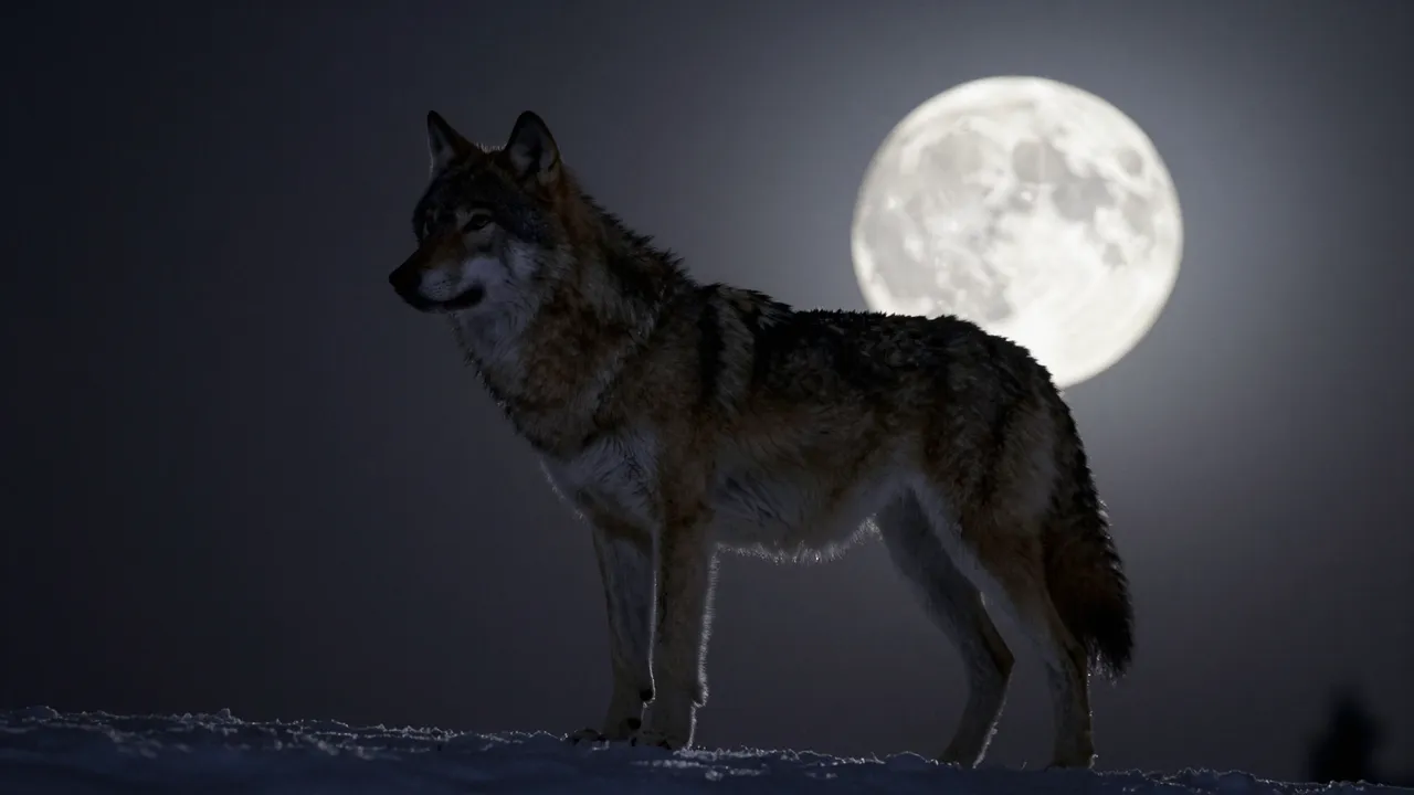 A wolf stands on snowy ground backlit by a bright full moon on a dark winter night