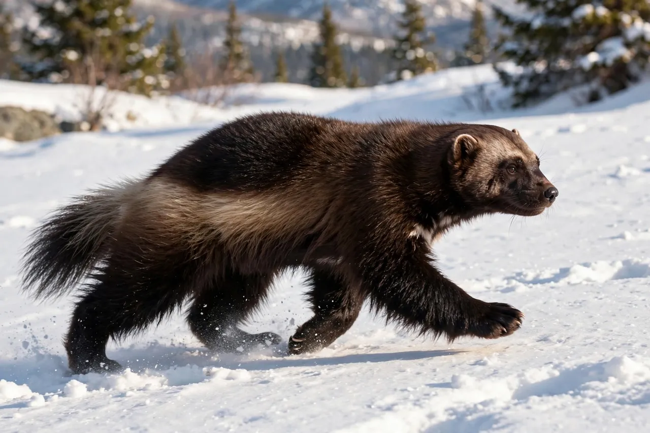 A stocky dark furred wolverine lopes across a bright sunlit snowy mountain landscape