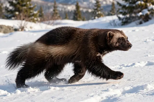 A stocky dark furred wolverine lopes across a bright sunlit snowy mountain landscape