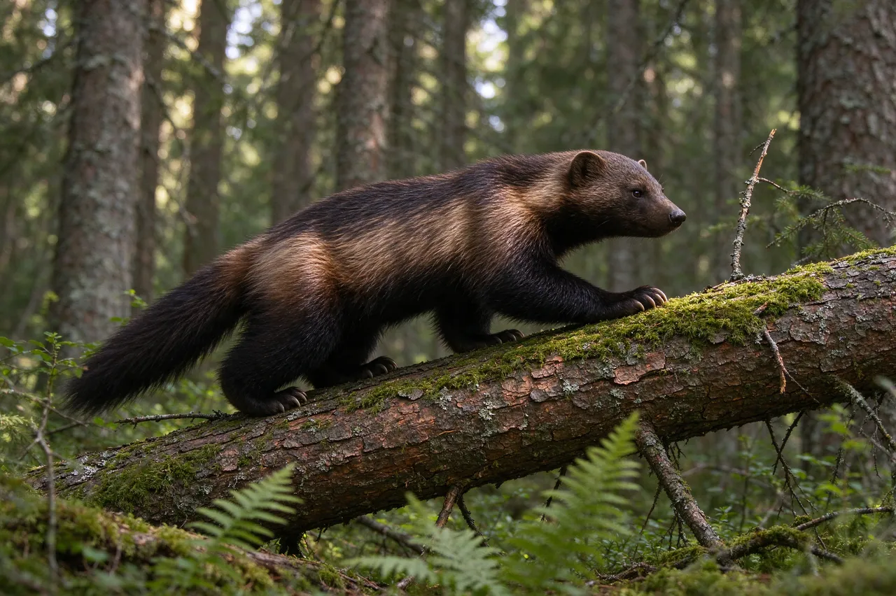 A wolverine climbs across a mossy fallen spruce log in a sun dappled boreal forest.