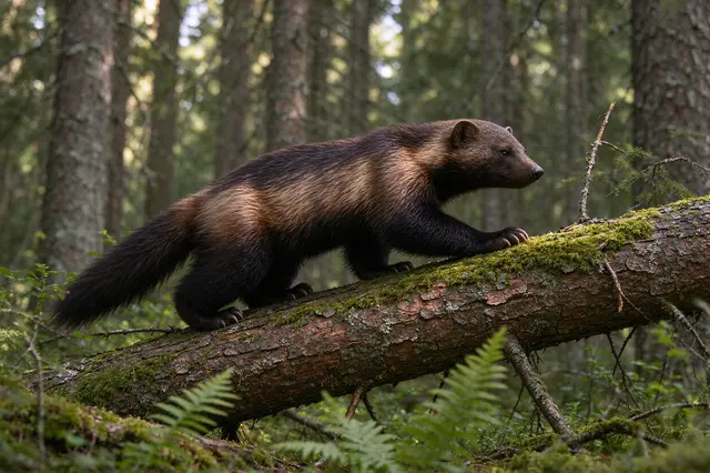 A wolverine climbs across a mossy fallen spruce log in a sun dappled boreal forest.