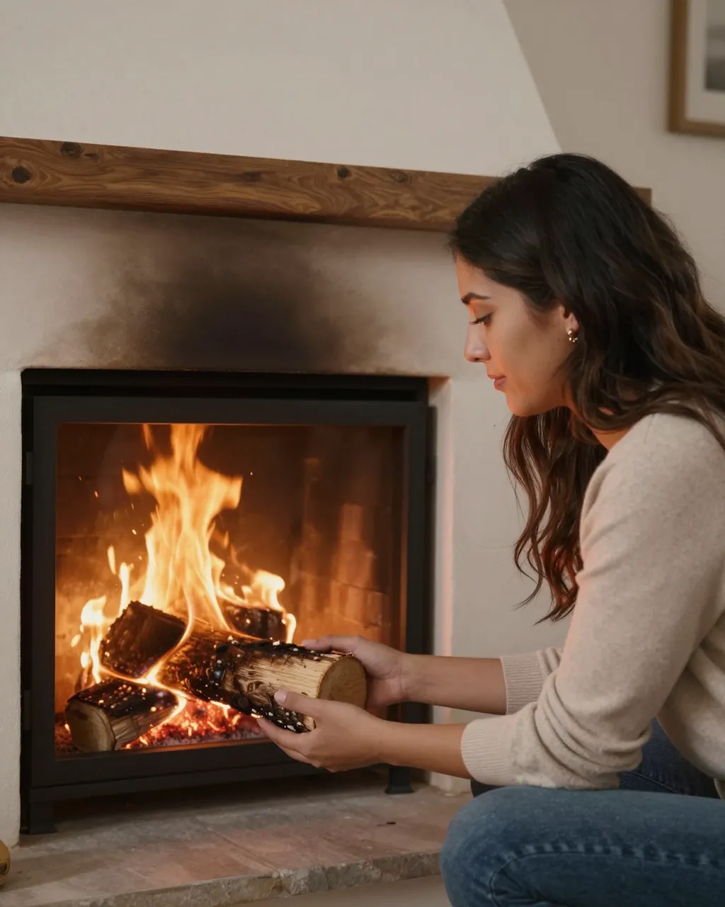 Side view of a woman crouching to place a log into a burning home fireplace
