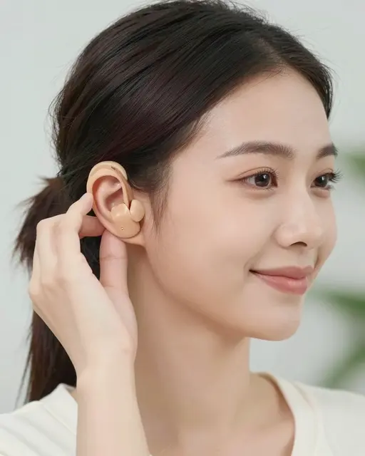 Smiling Southeast Asian woman touching her in-ear hearing aid in soft daylight
