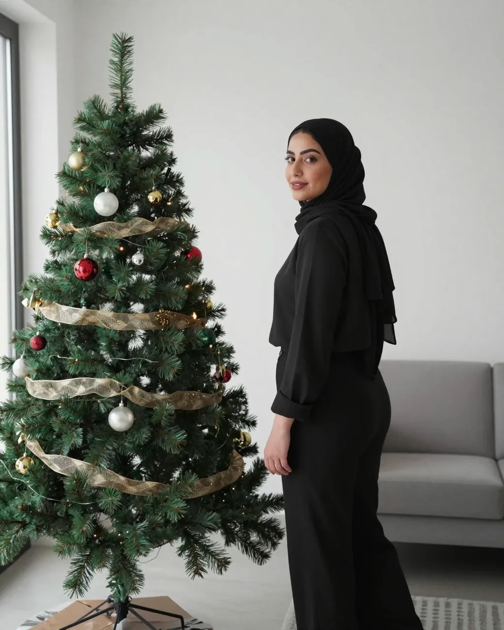 A Middle Eastern woman in a black hijab stands next to a decorated small Christmas tree in a bright apartment.