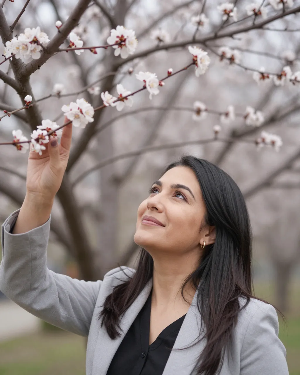A woman in her thirties smiles softly while looking up at and touching spring tree blossoms