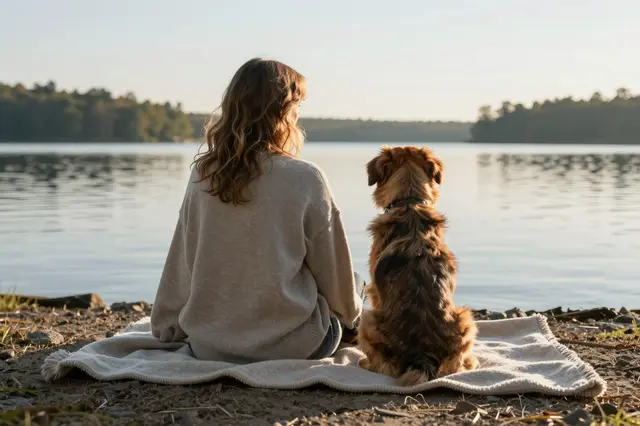 Seen from behind, a woman and her dog sit together on a blanket looking out over a calm lake at sunrise.