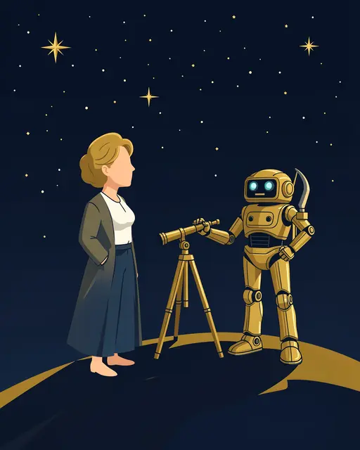 A faceless woman and a gold robot stand beside a telescope under a starry night sky
