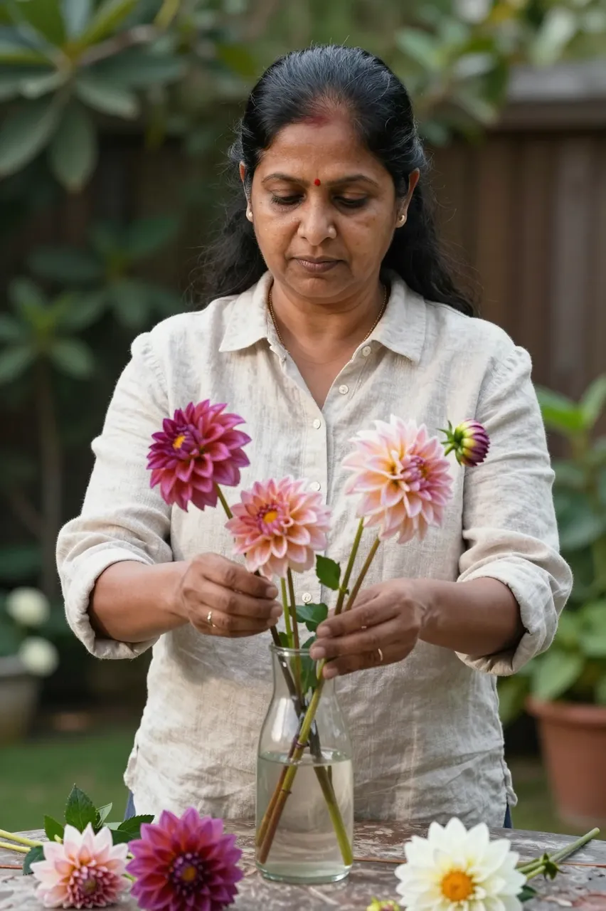 A South Asian woman in a linen shirt arranges cut dahlias in a glass vase on a garden table.