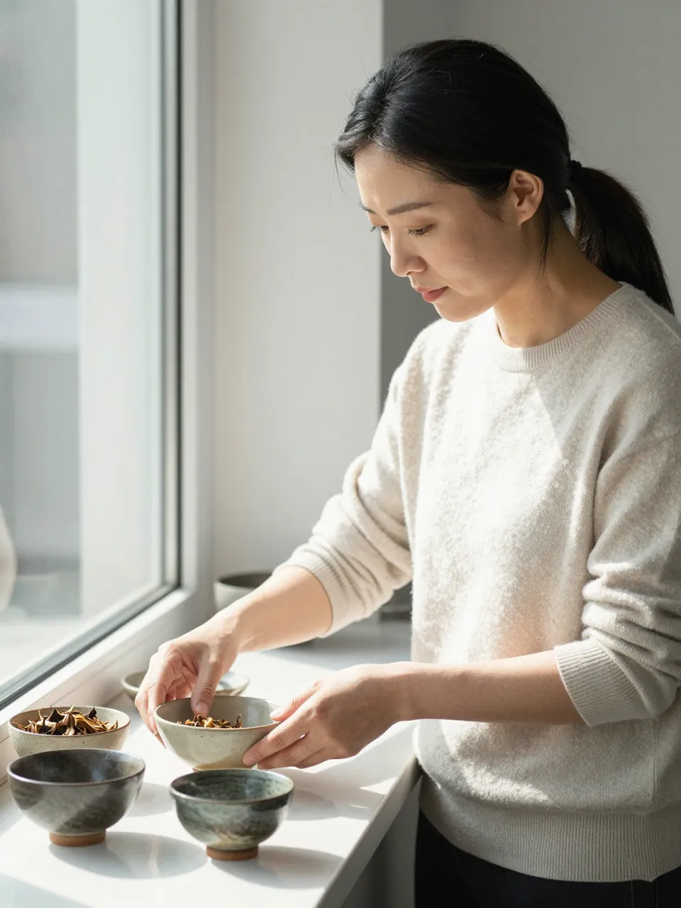 East Asian woman in a cream sweater sets handmade ceramic bowls on a sunny windowsill countertop