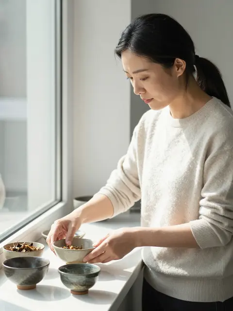 East Asian woman in a cream sweater sets handmade ceramic bowls on a sunny windowsill countertop