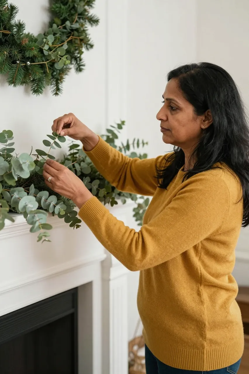 Side view of a South Asian woman in a mustard sweater arranging eucalyptus garland on a white fireplace mantel