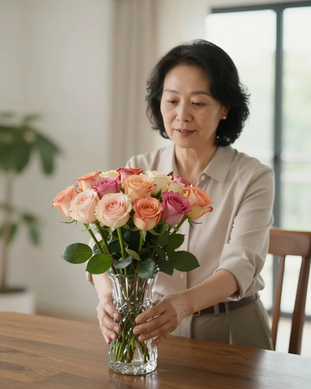Middle aged East Asian woman placing a crystal vase of multicolor roses on a sunny wooden dining table