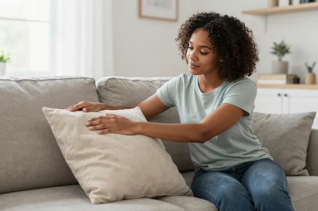 Mixed-race woman in her late twenties adjusts a throw pillow while sitting on a sunny living room sofa