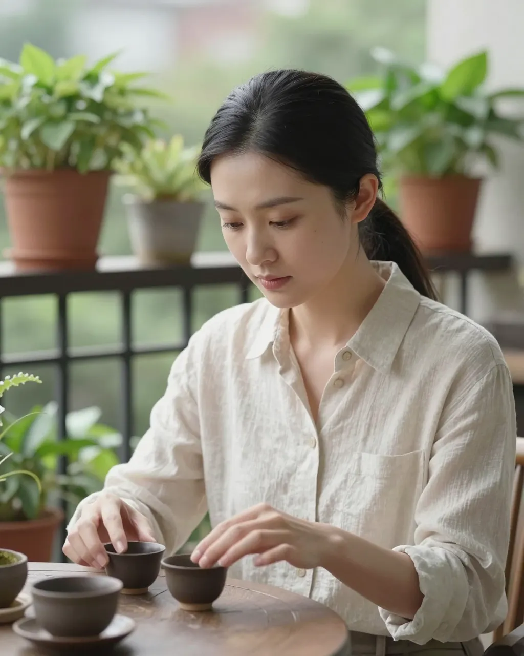 East Asian woman in a linen shirt handles small clay tea cups at a wooden balcony table surrounded by potted plants