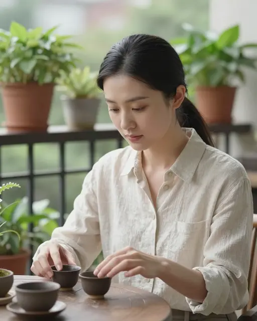 East Asian woman in a linen shirt handles small clay tea cups at a wooden balcony table surrounded by potted plants