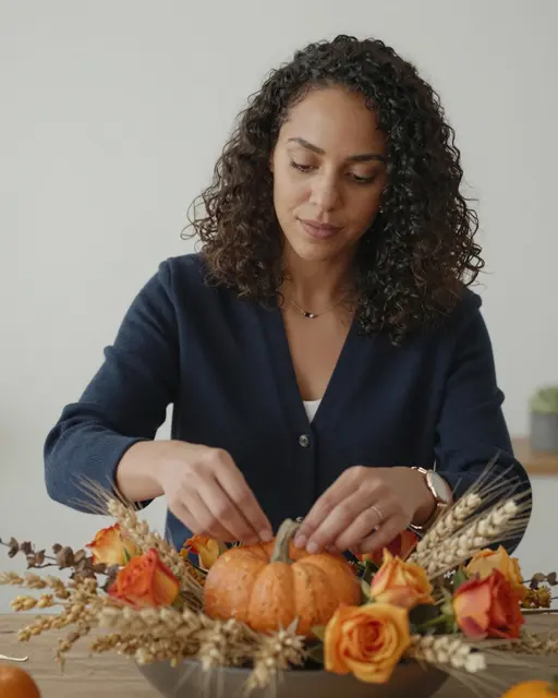 Mixed-race woman in her thirties arranges an autumn floral centerpiece on a wooden table