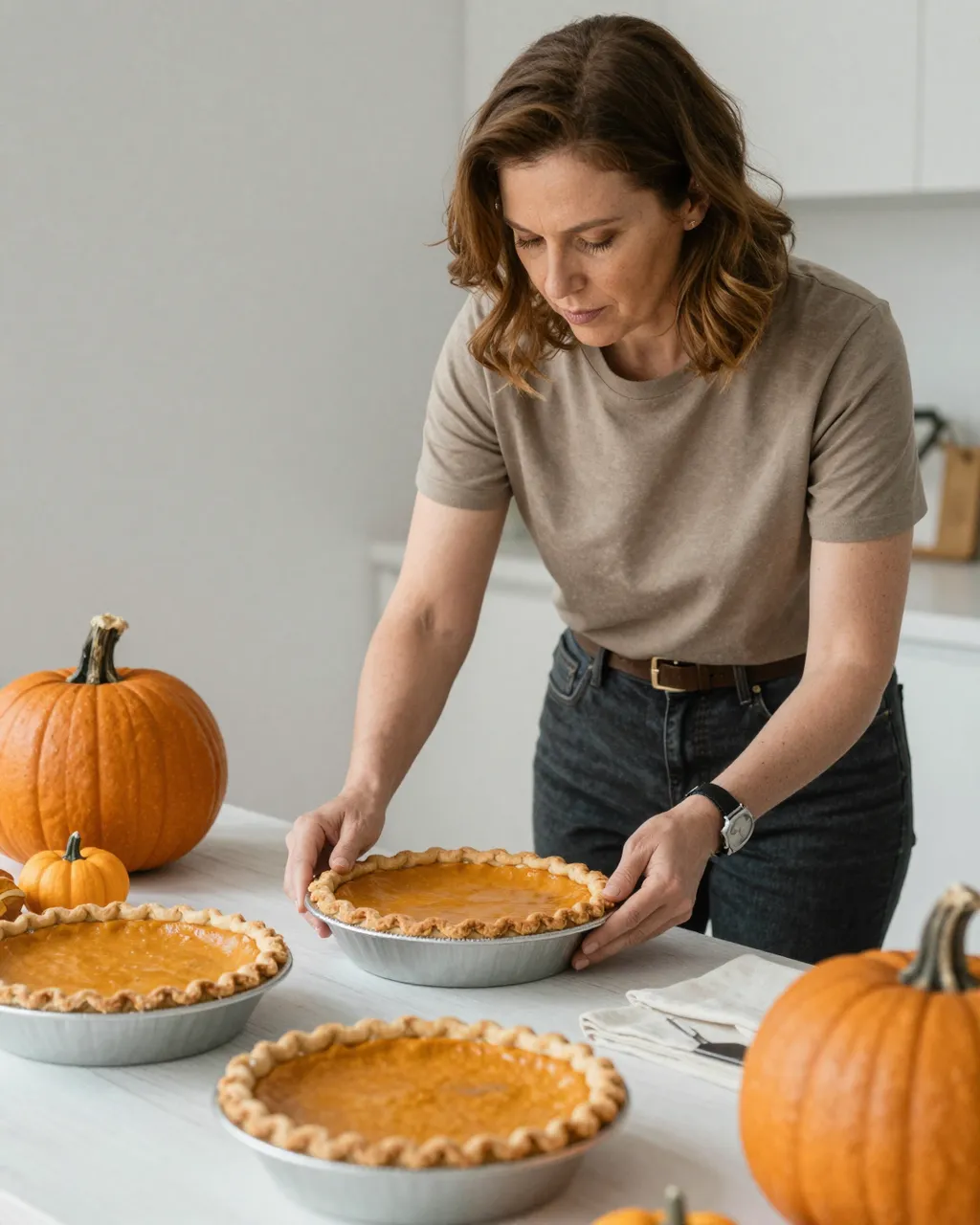 A middle-aged woman places a pumpkin pie on a kitchen table alongside other pies and small pumpkins
