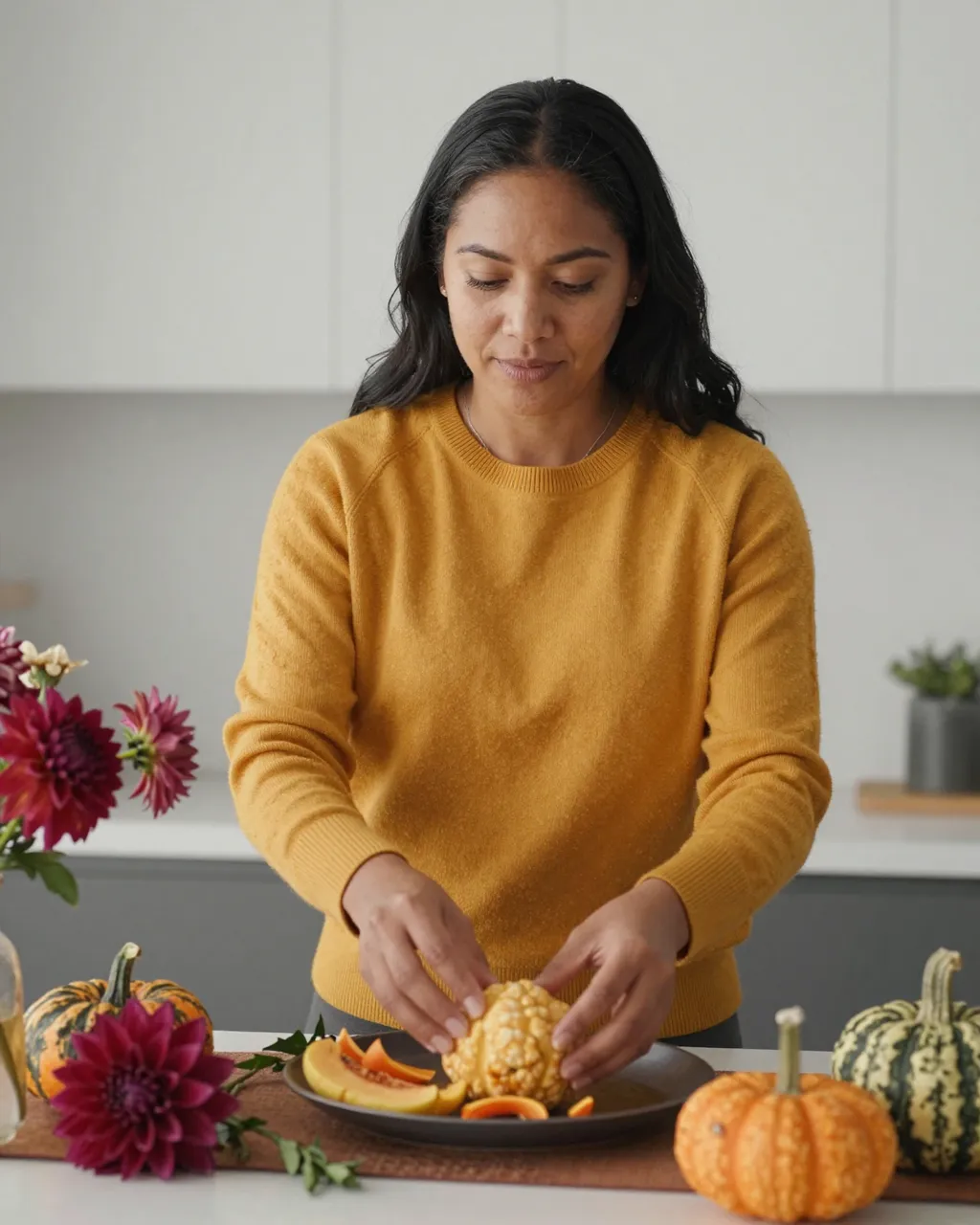 Pacific Islander woman in a mustard sweater arranges gourds and dahlias on a kitchen table for Thanksgiving