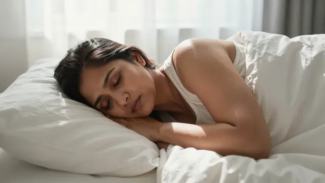 South Asian woman in her forties sleeps peacefully in bed as soft morning light filters through sheer window curtains.