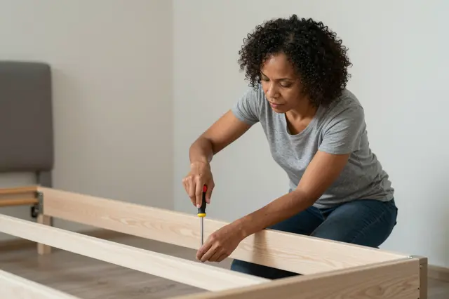 A mixed-race woman in her forties uses a screwdriver to assemble a wooden bed frame in an empty bedroom