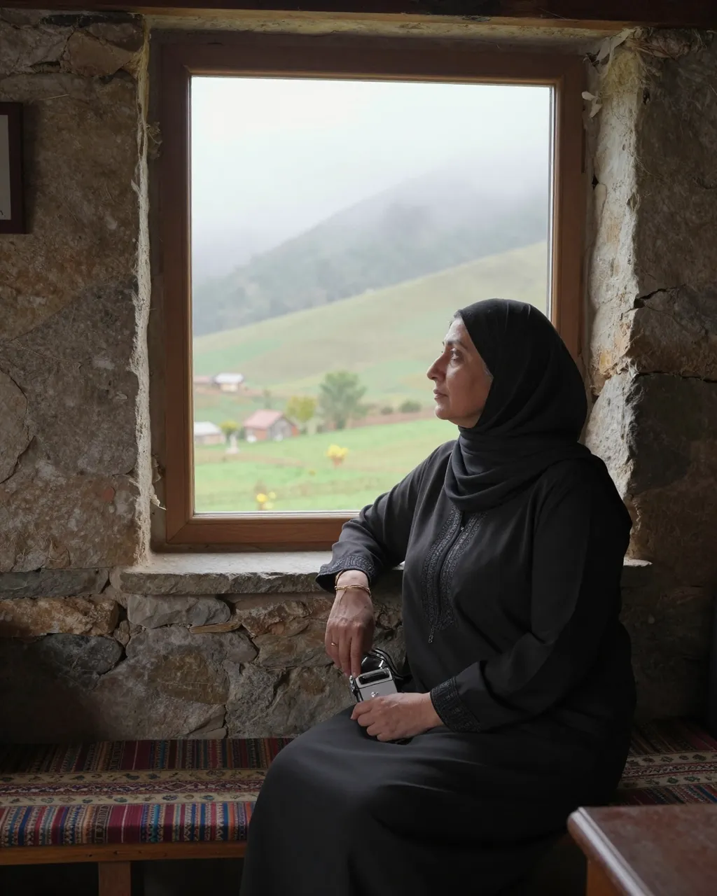 Mature Middle Eastern woman sits by a stone cottage window watching misty rolling hills outside