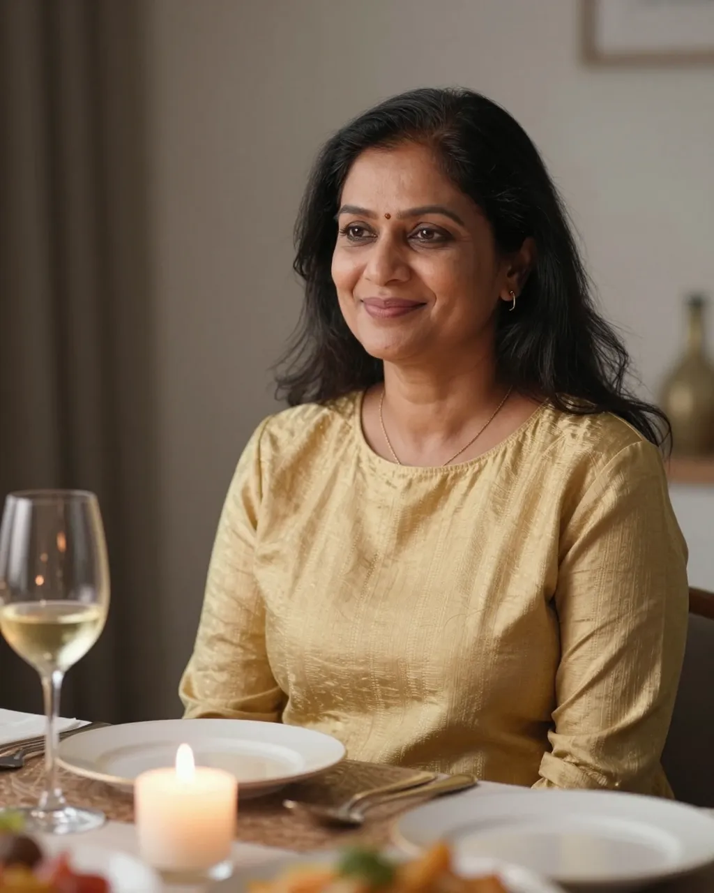 Smiling South Asian woman in a gold top sits at a candlelit dinner table with tableware and wine