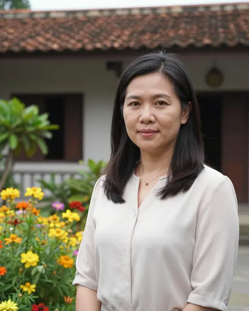 A Southeast Asian woman in a light blouse stands in a flower-filled old guesthouse courtyard