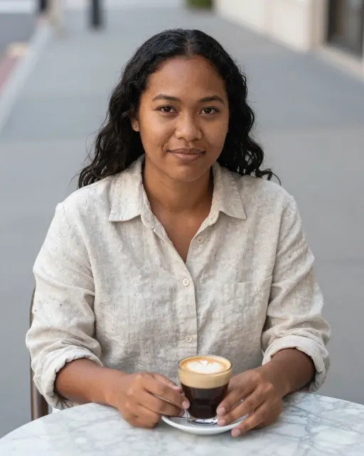 Pacific Islander woman sitting at a marble cafe table with a coffee drink, looking at the camera