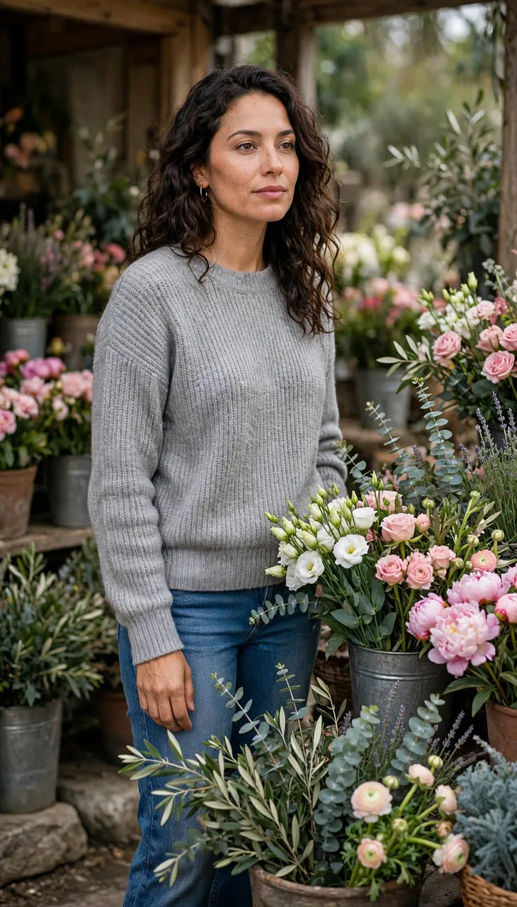 Latina woman in gray sweater and jeans standing next to potted flowers at an outdoor market stall