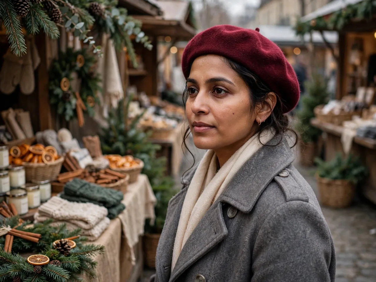 South Asian woman in a gray coat and burgundy beret stands beside festive holiday market stalls