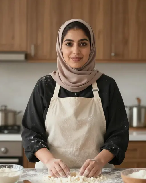 Middle Eastern woman in a hijab and flour-dusted apron kneads dough on a kitchen counter with warm soft lighting.