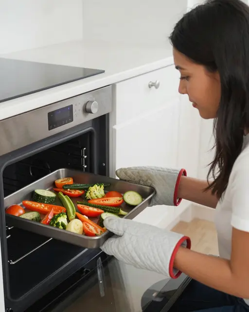 A woman uses oven mitts to slide a tray of chopped vegetables into a kitchen oven.