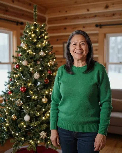 Smiling older woman in a green sweater stands next to a lit decorated Christmas tree inside a log cabin