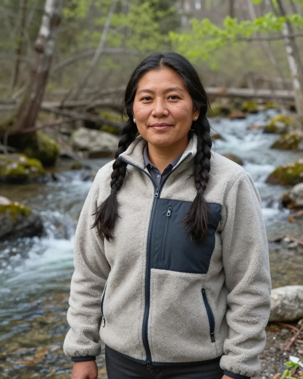 A woman stands smiling beside a rushing rocky creek in a spring woodland