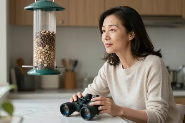 East Asian woman in a cream sweater holds binoculars while watching a garden bird feeder from her kitchen