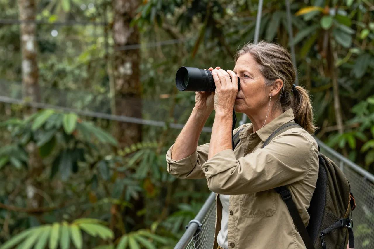 Mature woman in a khaki shirt uses binoculars while standing on a rainforest canopy walkway