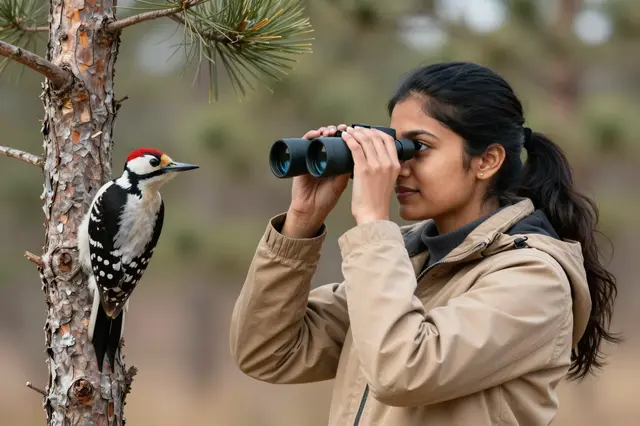 South Asian woman in a tan field jacket uses binoculars to observe a woodpecker perched on a pine tree