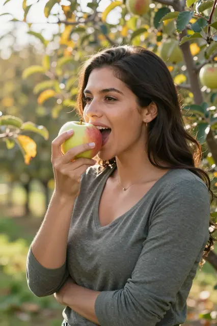 A woman in her twenties holds a fresh apple to her mouth to bite it in a sunlit autumn orchard
