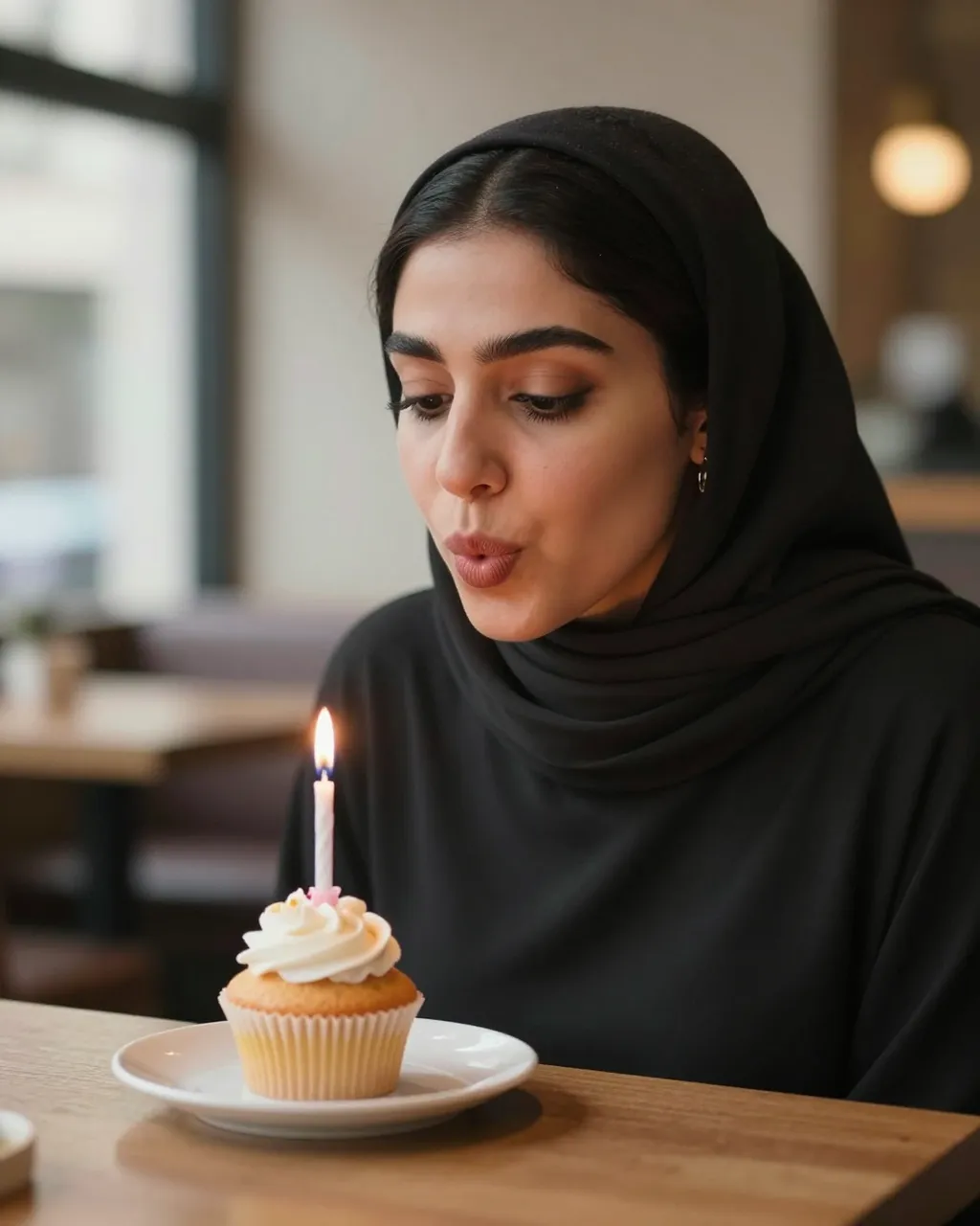 A Middle Eastern woman blows out a single lit candle on a frosted cupcake at a wooden cafe table