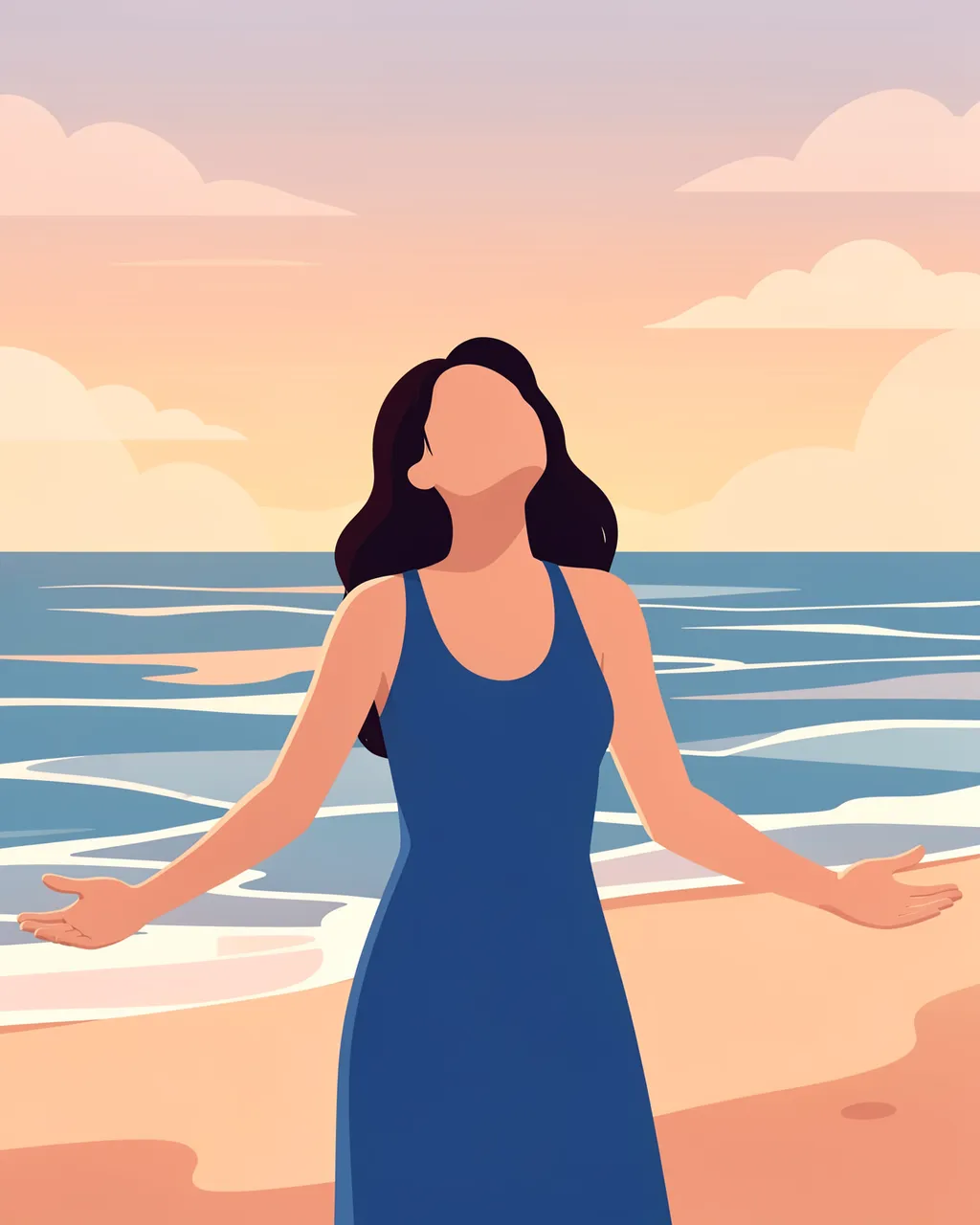 Faceless woman with outstretched arms stands on a beach at dawn looking up to take a deep breath