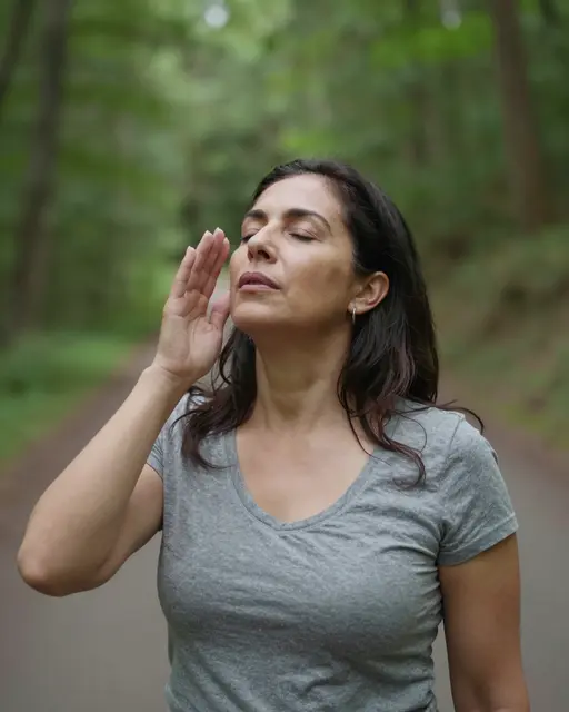 Middle aged Latina woman stands on a forest path with eyes closed, holding one hand near her face breathing slowly.