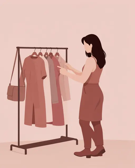 A faceless flat vector woman examines garments hanging on a boutique clothing rack against a dusty rose background.