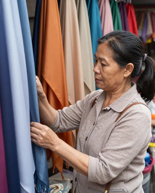 A middle aged Southeast Asian woman examines hanging plain silk scarves at an outdoor market stall