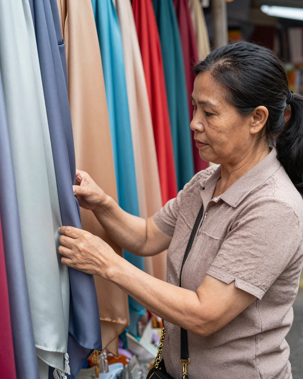 Mature Southeast Asian woman examines hanging plain silk scarves at an outdoor market stall