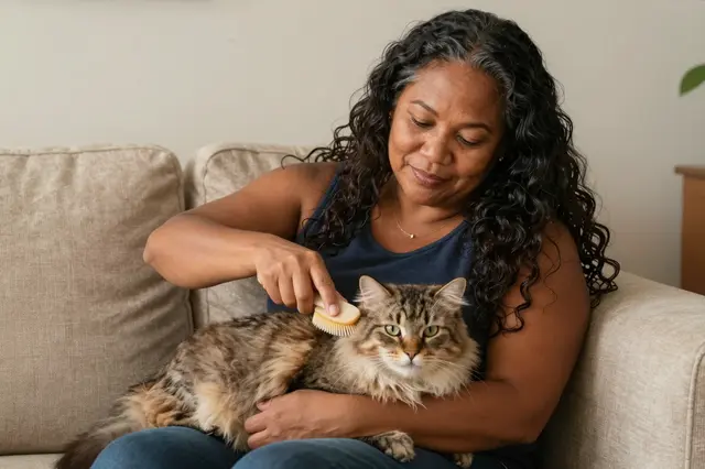 A middle-aged woman sits on a sofa gently brushing the long-haired tabby cat resting on her lap.