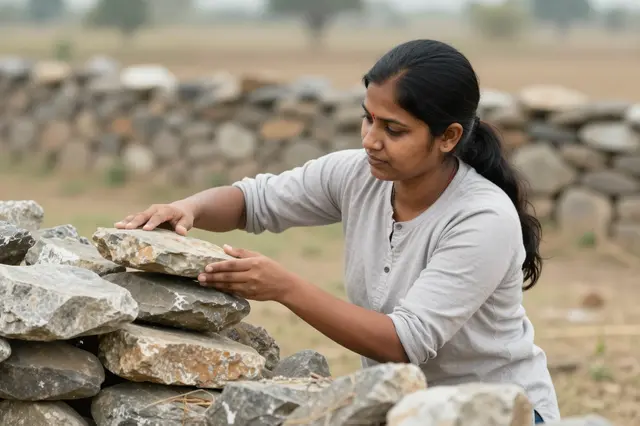 A South Asian woman carefully places a flat stone while constructing a dry stone wall in an open rural field